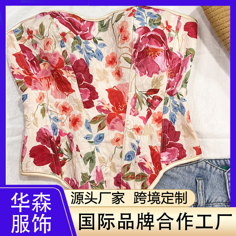 New Retro Fashion Printed Fishbone Top for Women with Niche Design for Outer Wear Pure Waist-Cinching Tube Top Body-Shaping Top