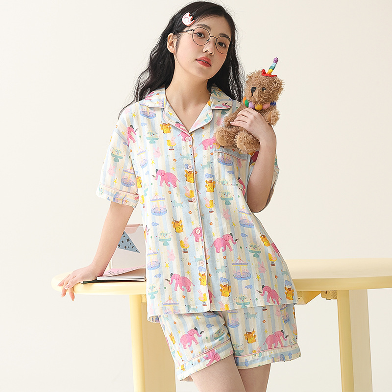 Korean Style Amusement Park Printed Pure Cotton Pajamas Summer Women's Suit Short-sleeved Shorts Lapel Cardigan Outfit