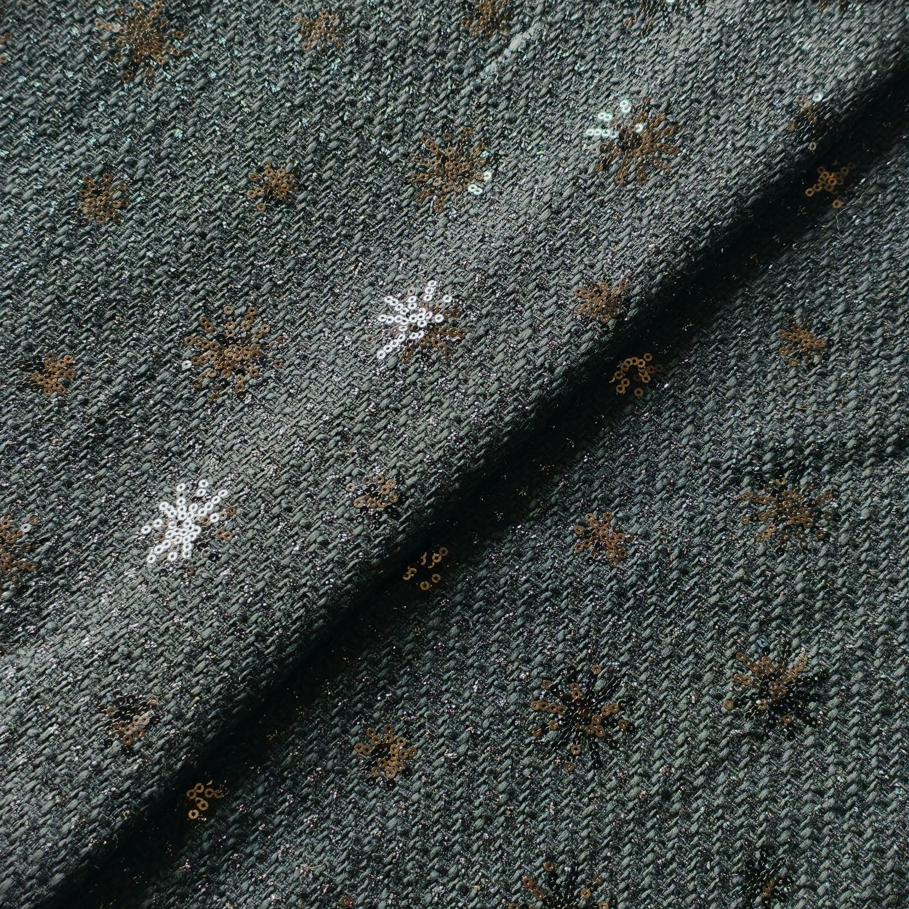 Picture of Woolen Tweed with Snowflake Sequins and Sequins Embroidered Fabric, Tweed Girls' Clothing, Jackets, Bags, Shoes, Hats and Fabrics
