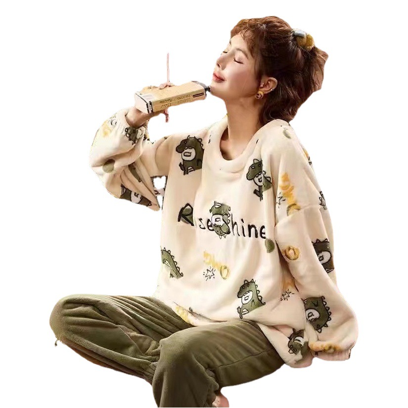 Coral fleece pajamas women's autumn and winter new fleece-lined thickened 2024 warm flannel cartoon home clothing suit
