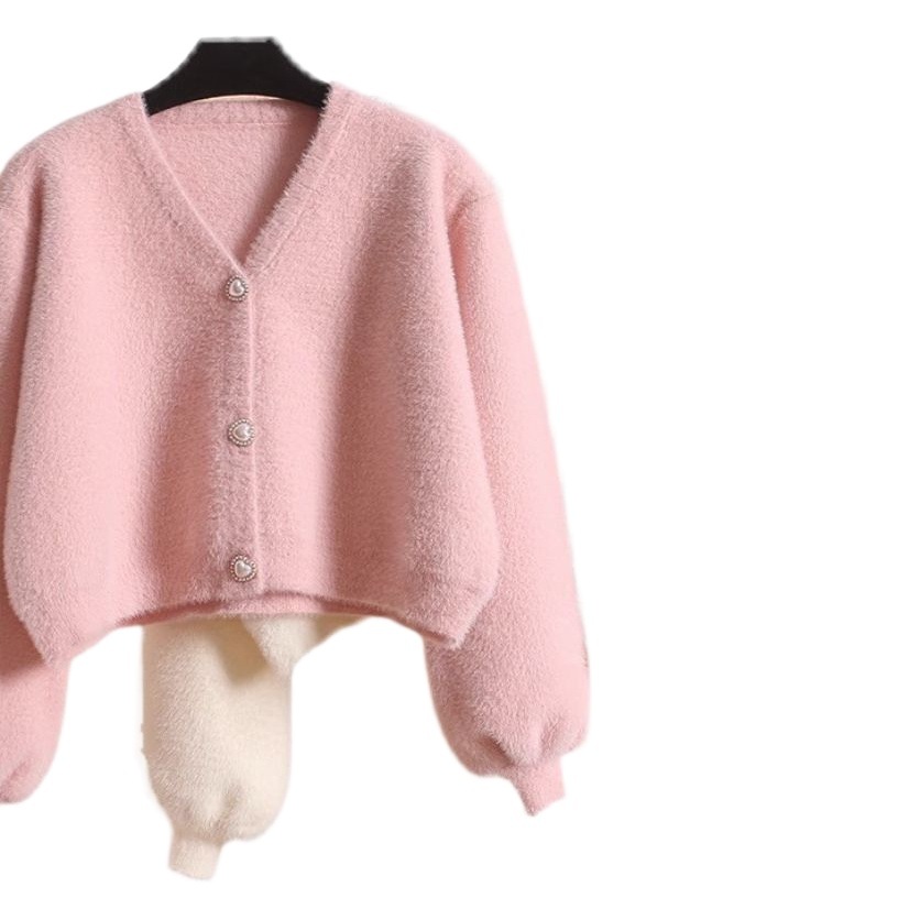Faux mink velvet coat women's short short spring and autumn new thickened lazy V-neck fairy sweater cardigan