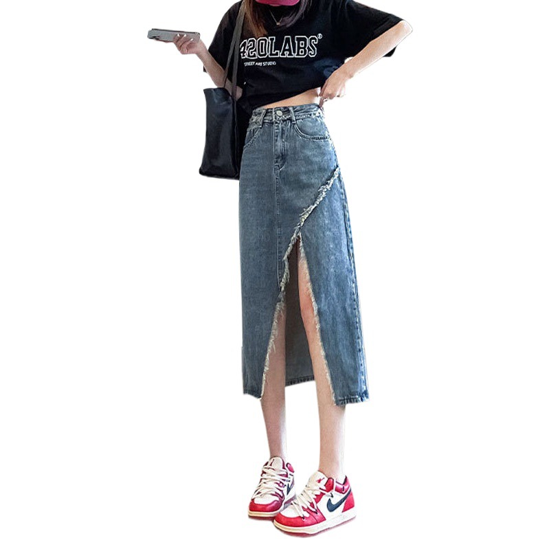 Niche Split Design Hip A- shaped Half-length Retro Ins Trendy Rust High Waist Irregular Denim Skirt for Women