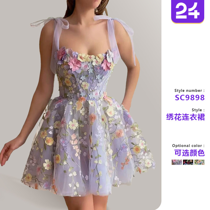 2025 Direct Sales European and American Cross-Border Amazon Women's Fashion Stereo Flower Embroider Hip-Covering Sexy Suspender Dress