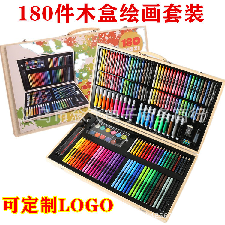 180 Pcs Wooden Box Brush Set Watercolor Pen Crayon Graffiti Painting Art Stationery Children's Gift Wholesale