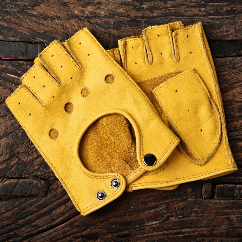 Genuine Leather Gloves for Men, Fitness, Retro Half-Finger, Non-Slip, for Motorcycle Riding, Cycling, Outdoor Sports, Cross-Border