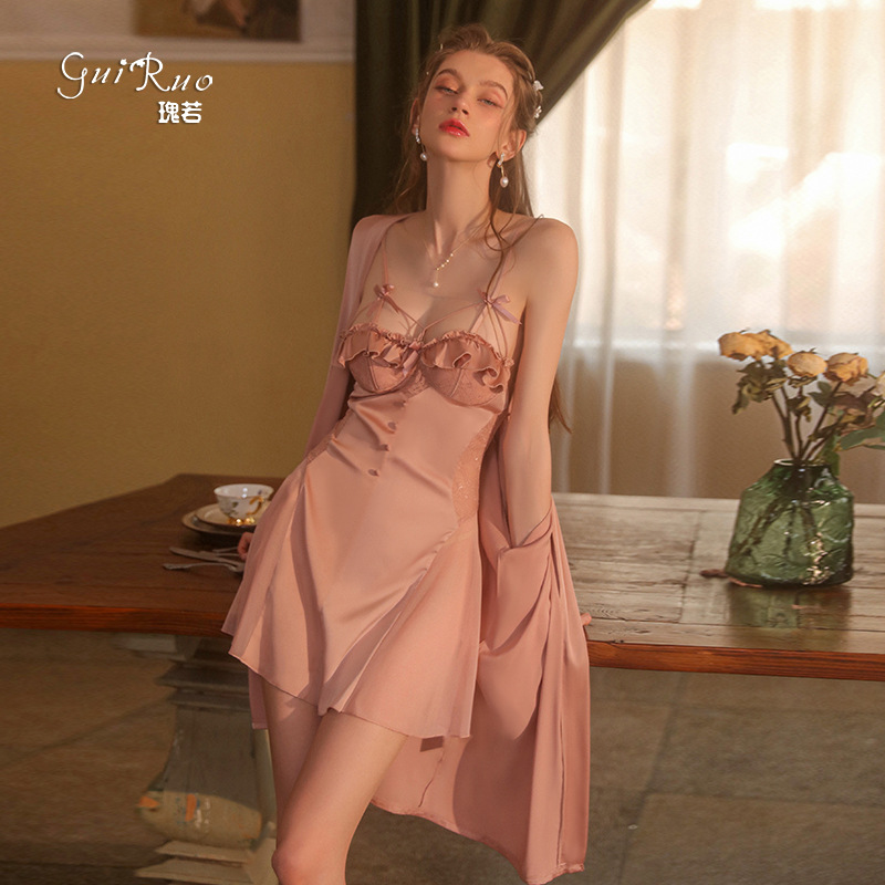Guiruo Sexy Backless Ice Silk Comfortable Solid Color Pajamas Push-up Chest Pad Suspender Skirt Gown Home Clothes Set 2227
