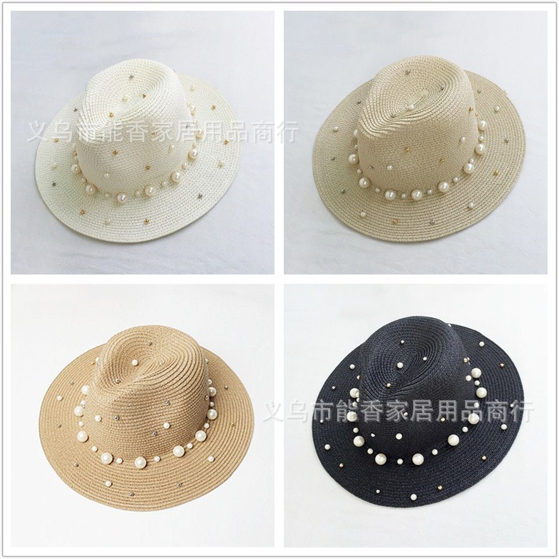Pearl Jazz straw hat Top hat Jazz hat Beach hat Jazz hat Sunshade hat straw hat cap