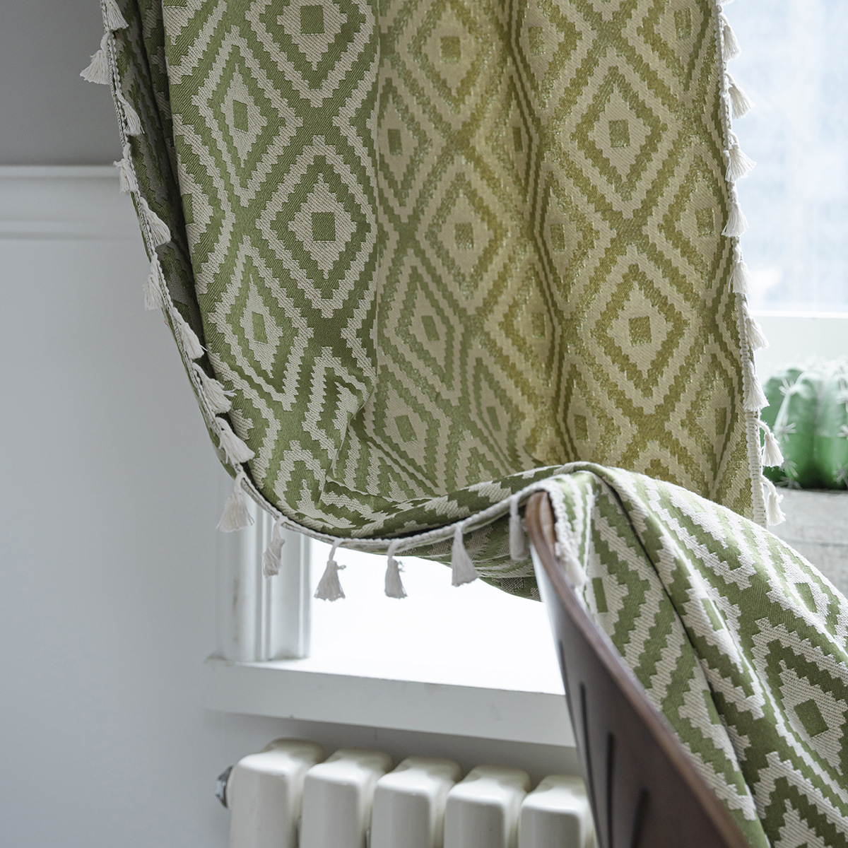 Yuman Qiyun Curtain Finished Striped Embroidered Green Solid Color Contrast Kitchen Curtain Country Style Semi-Shaded Bay Window