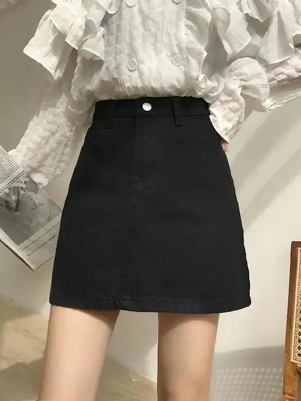 Summer New Korean Style All-match Solid Color Skirt Women's High Waist Slimming Casual A- line Skirt Student Denim Skirt Trendy