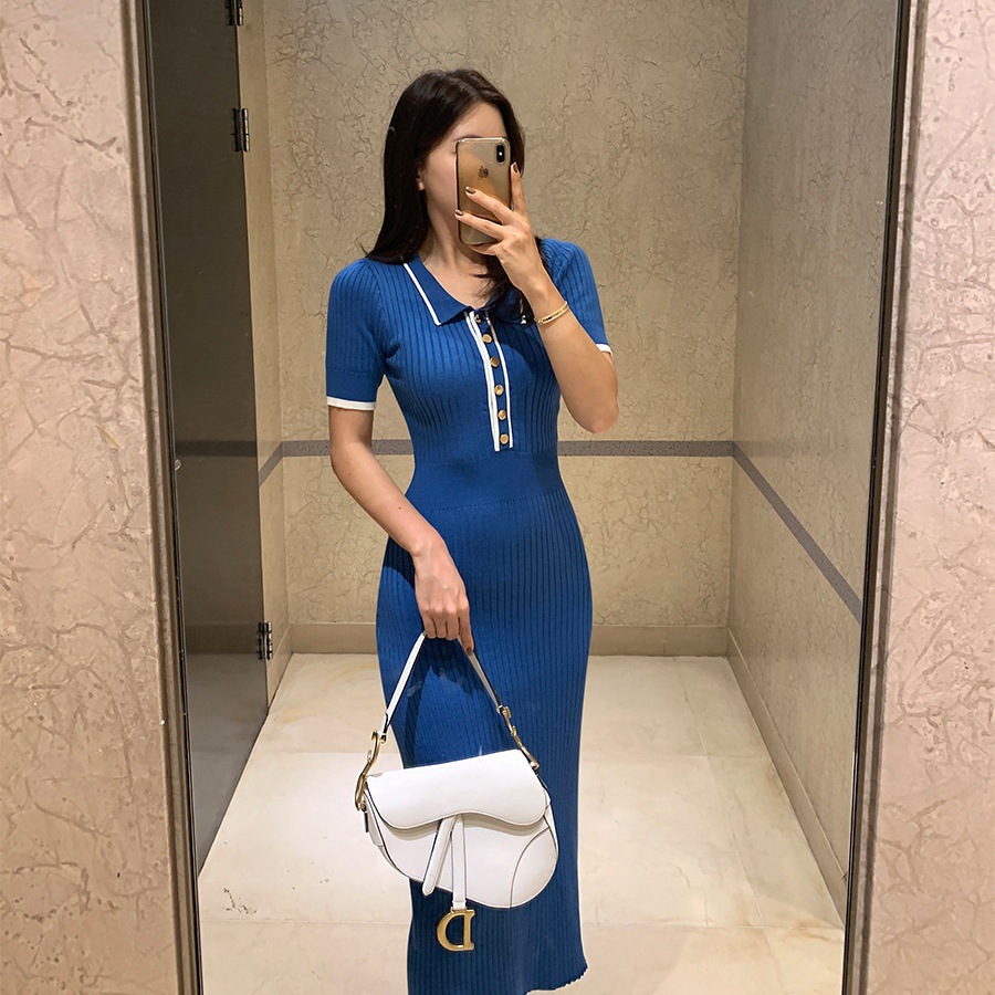 Korean Chic Retro Pure Lust Style Polo Collar Elastic Slimming Look Contrast Color Short-Sleeved Knitted Hip-Hugging Dress