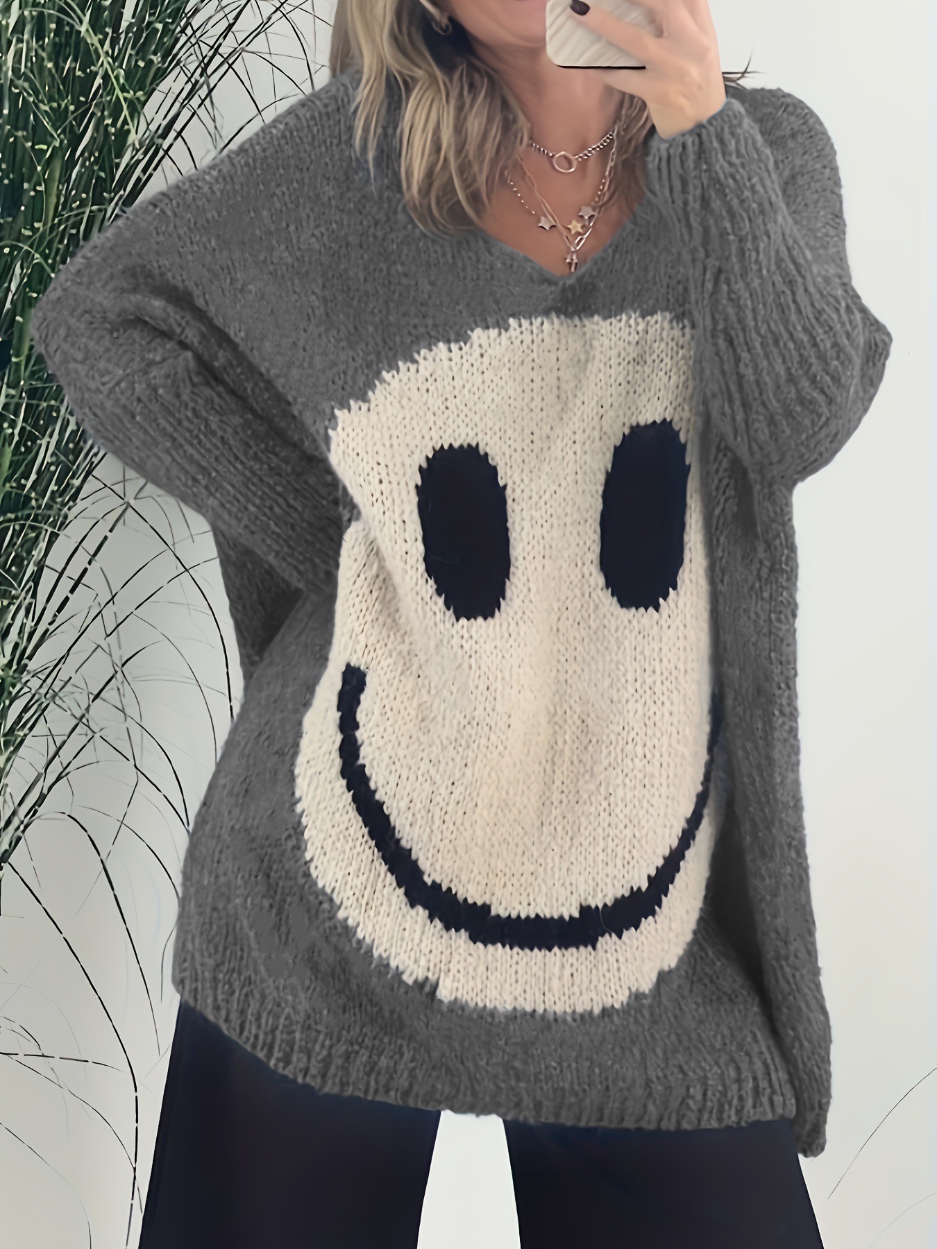 European and American Cross-border Amazon Autumn New Women's Smiley Face Contrast Jacquard Lazy Wind Loose Sweater