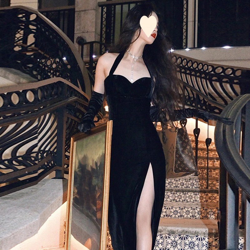 Hepburn Style Birthday Evening Dress Light Luxury Niche Banquet French Style Elegant Sexy Black Neck dress Women