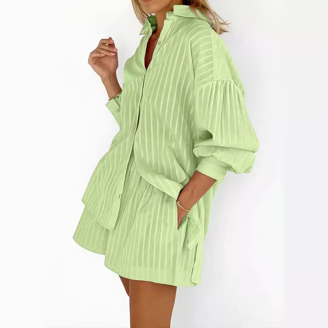 European and American Elegant Shirt Jacquard 2024 Autumn and Winter Women's Stripesd Puff Sleeve Shorts Work Clothing Design Casual Suit