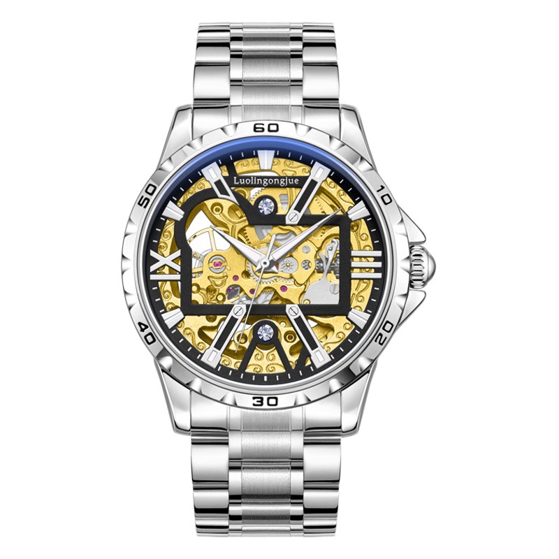 New automatic mechanical watch men's fashion atmospheric blue light mirror hollow men's watch factory foreign trade wholesale delivery