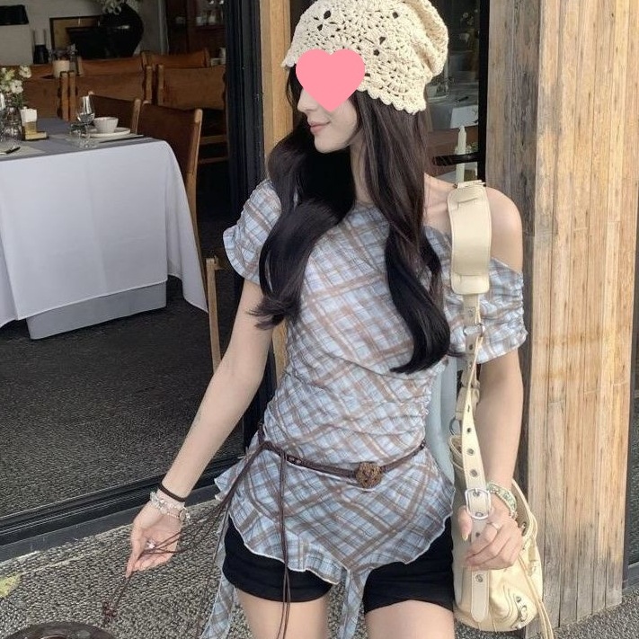 Irregular Thin Swung Collar Plaid Vest Top for Women 2025 Summer New American Style Slim Sleeveless Top