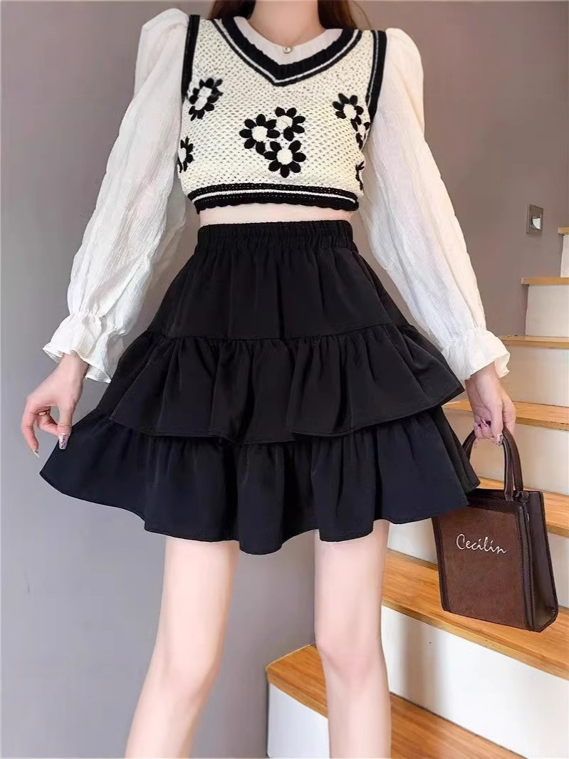 Black Fluffy Cake Skirt for Women Summer New Elastic High Waist Slimming Look Small Anti-Exposure A-Line Skirt