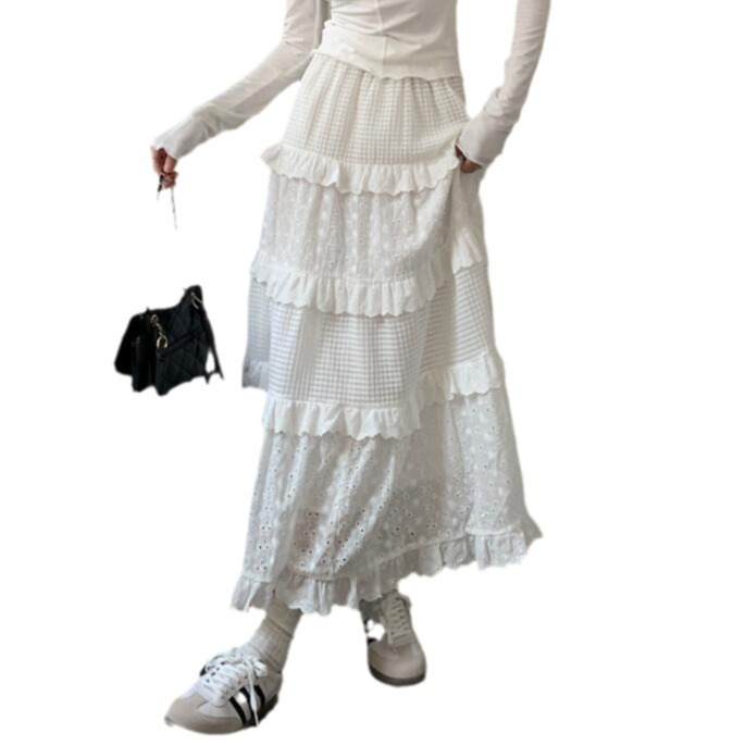 Picture of Kumikumi Gentle Style Cut Out Crochet Skirt Women's Spring High Waist A-Line Cake Skirt Long Skirt White Skirt