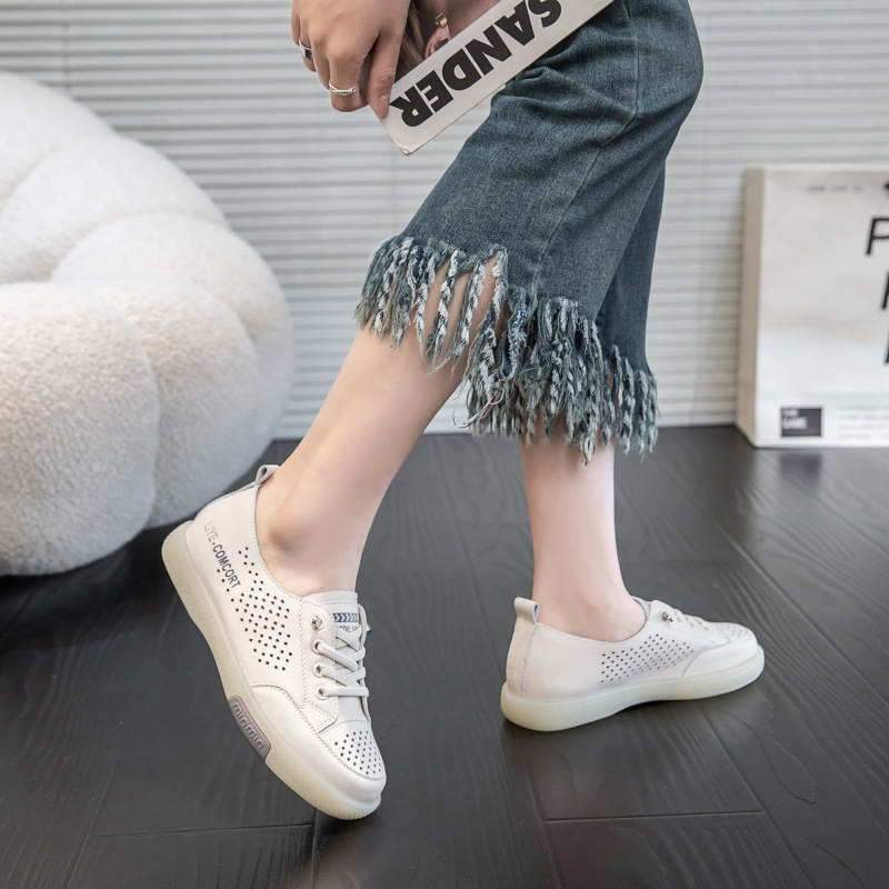 First-Layer Cowhide Cut Out Breathable White Shoes for Women 2025 New Soft-Soled Flats Casual Shoes One-Leg Flats Shoes