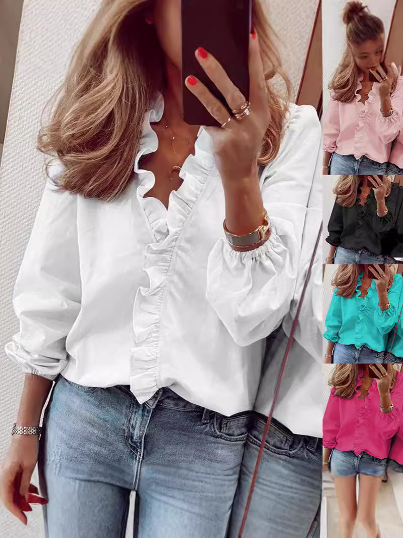 2024 Amazon wish independent station ebay spring and summer Europe and the United States new long sleeve ruffled shirt women's shirt