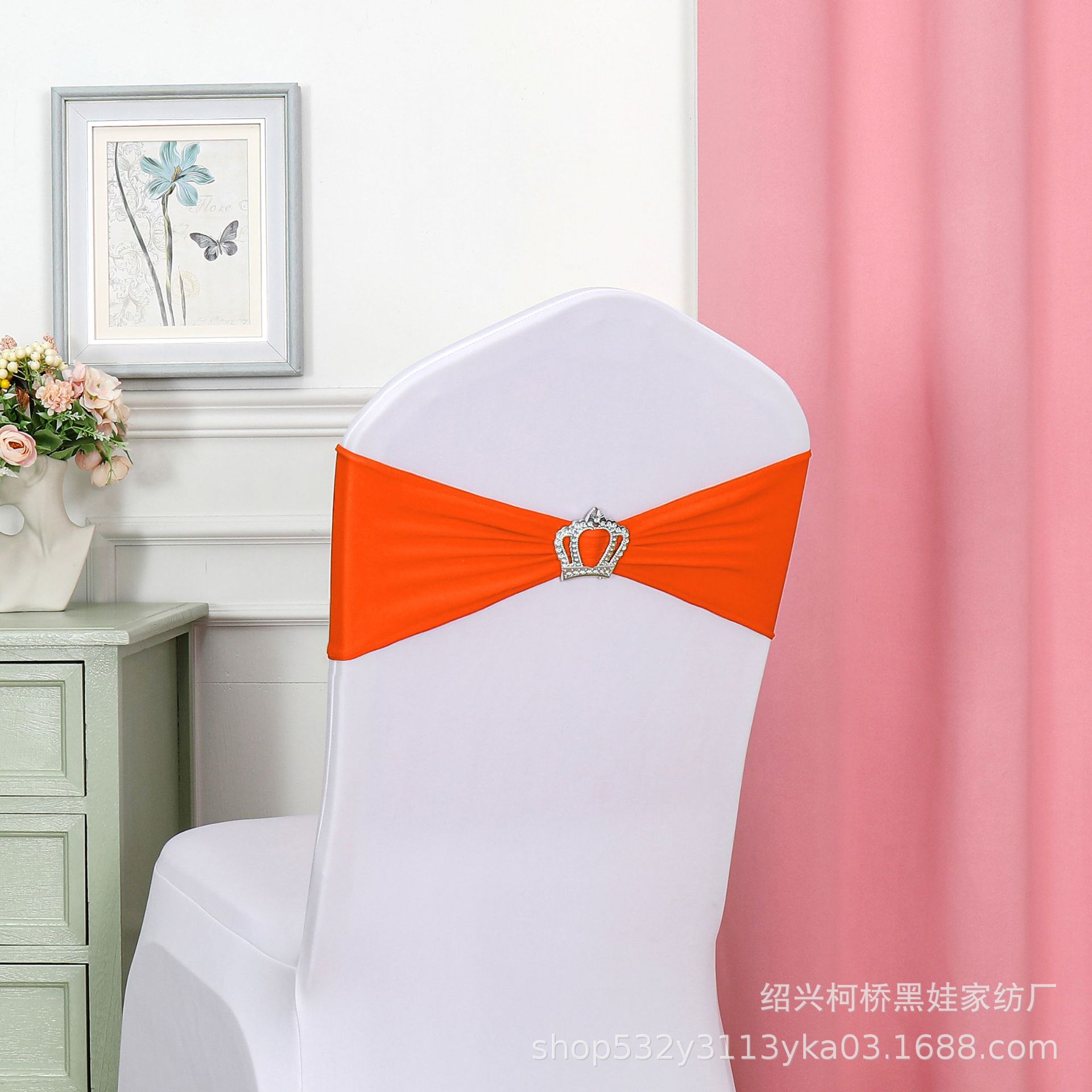Picture of Chair Back Flower Bow Crown Diamond Buckle Elastic Banquet Chair Set Decoration Free Wedding Strap Ribbon Wedding Ribbon