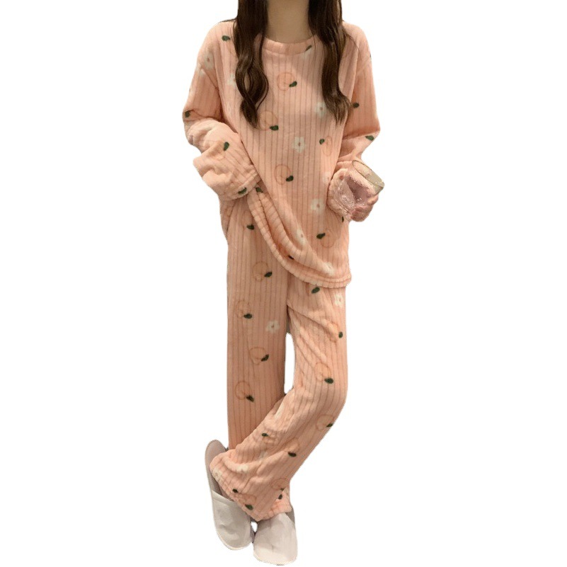 Printed Coral Velvet Pajamas for Women 2022 Winter Warm Set Thickened Warm Large Size Home Wear Two-Piece Casual Set