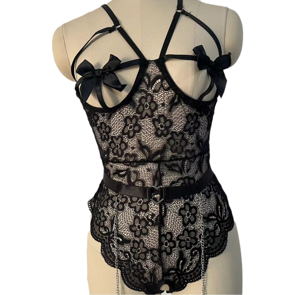 Sexy lingerie sexy strap lace temptation jumpsuit women's hot open uniform pajamas wholesale bow