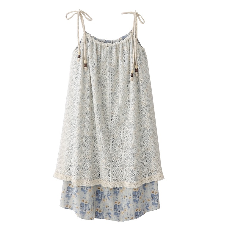 Homemade Summer New French Style Holiday Style Lace Stitching Mid-length Slip Skirt Design Sense dress Women