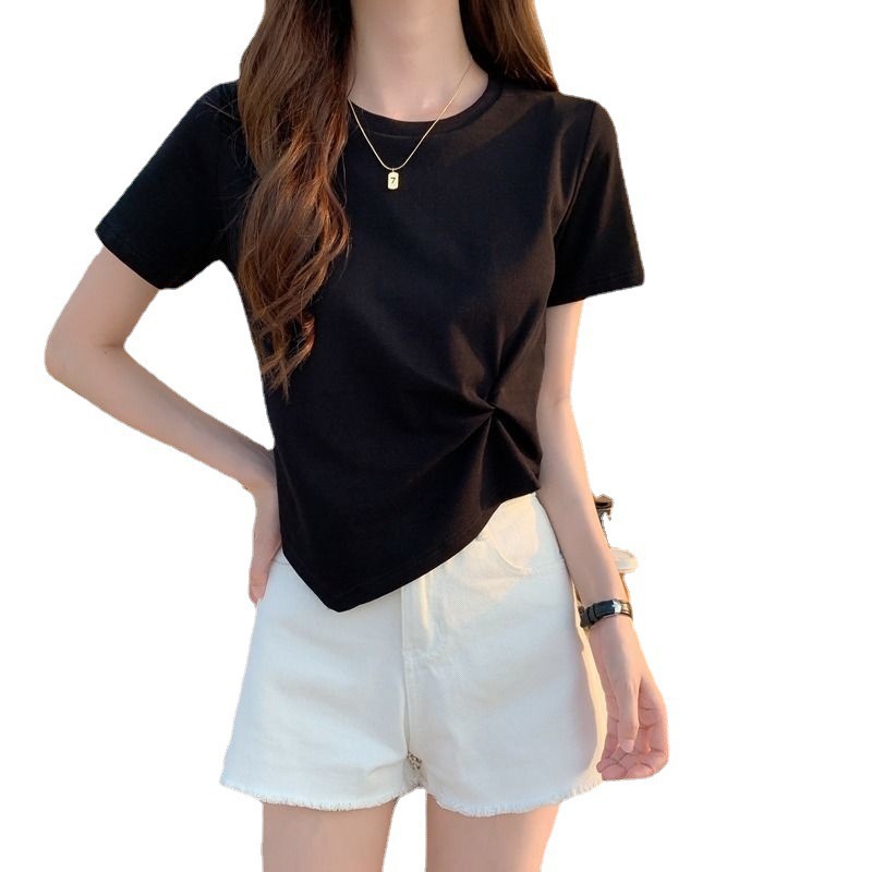 Picture of Irregular Short-Sleeved T-Shirt for Women 2023 New Summer Thoughtful Design Niche Half-Sleeved High-Waisted Short Top