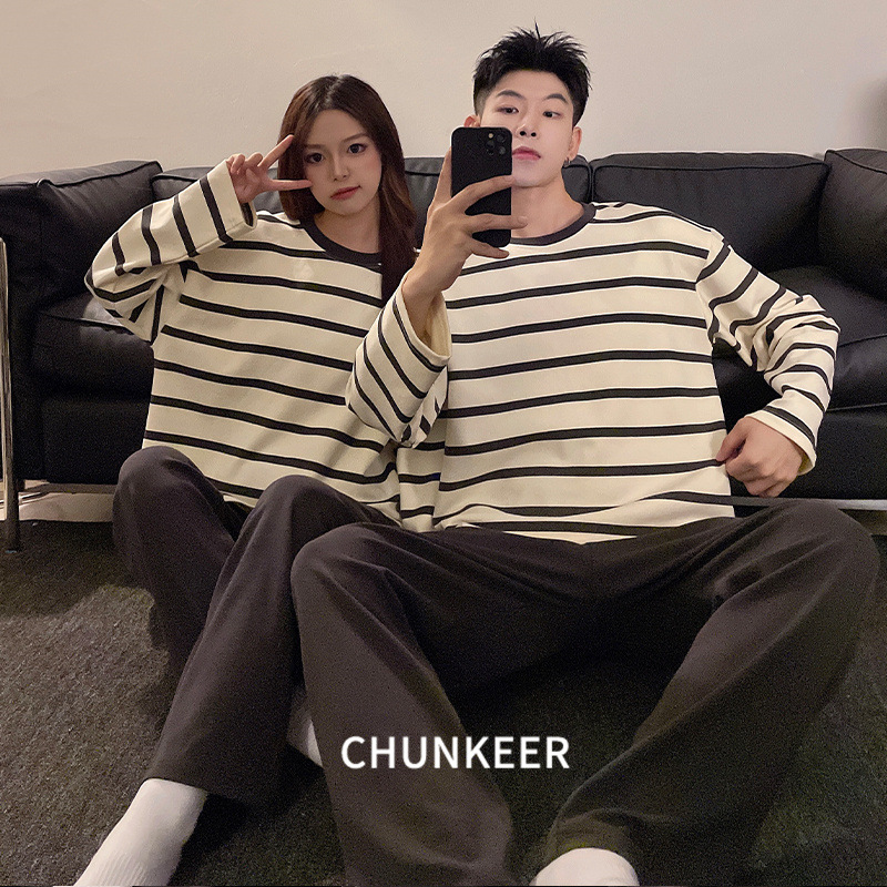 Pajamas for Women Cartoon Round Neck Long-Sleeved Pants Simple Casual Couple Suit Can Be Worn Outside Thin Men's Home Clothing