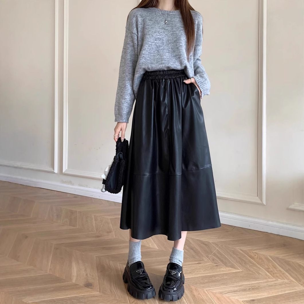 Elegant Mid-length A- line Skirt Women's plus size chubby girl Autumn and Winter New Cool Sa High Waist pu Leather Skirt Long Skirt