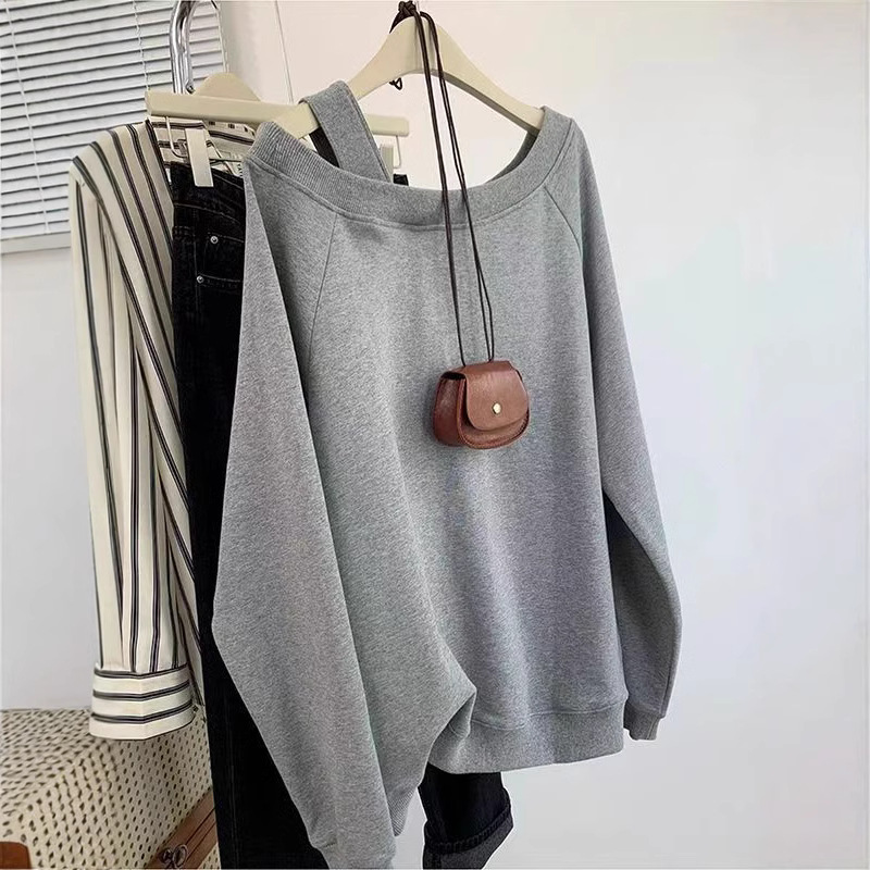 Grey Sexy Shoulder Design All-match Pullover Long-sleeved Sweatshirt Autumn 2024 New Commuting Loose Women's Top