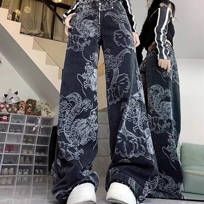 2024 New Chinese Style Pants Women's National Style Pants Jeans Loose Dragon Embroidered Rapped Wide Leg Pants All-match