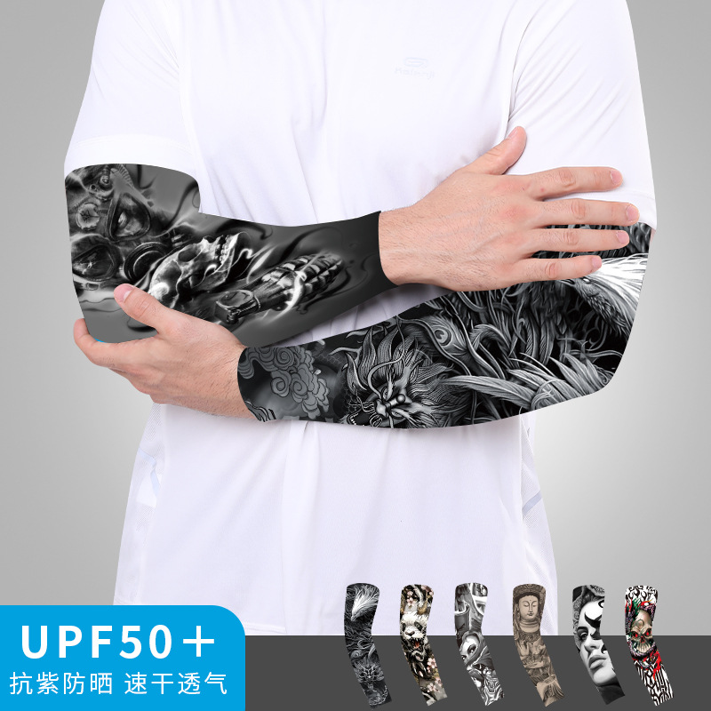 Picture of Summer Riding Sunscreen Tattoo Sleeve Simulation Tattoo Quick-drying Arm Protector Outdoor Sports Sunshade Breathable High Elastic Ice Sleeve