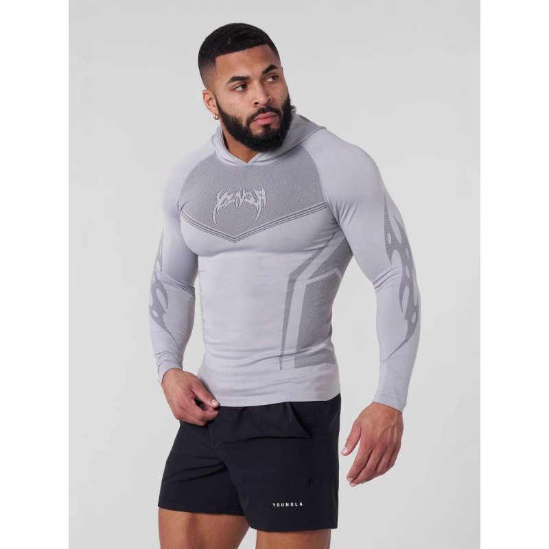 American Quick-Drying High-Elastic Fitness Hooded Long-Sleeved Bodysuit Outdoor Gym Iron Training Quick-Drying T-Shirt