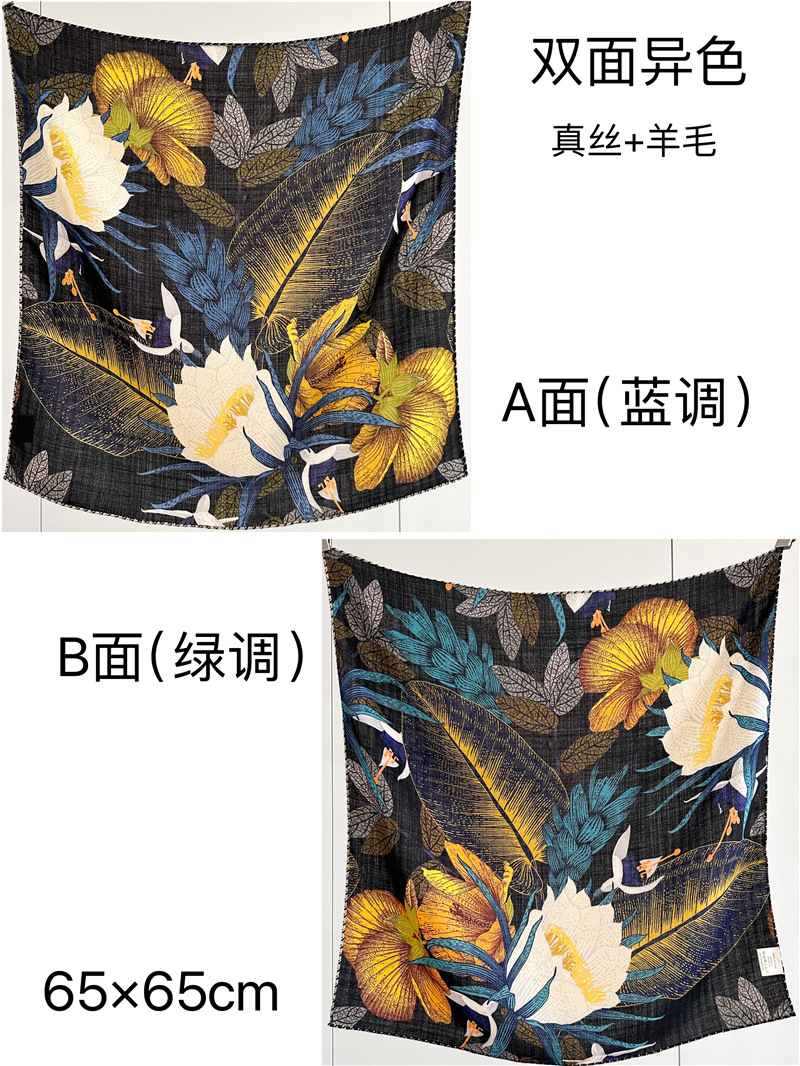 Picture of Autumn and winter double-sided two-color high-grade retro flowers 65cm silk wool scarf temperament all-match small shawl scarf