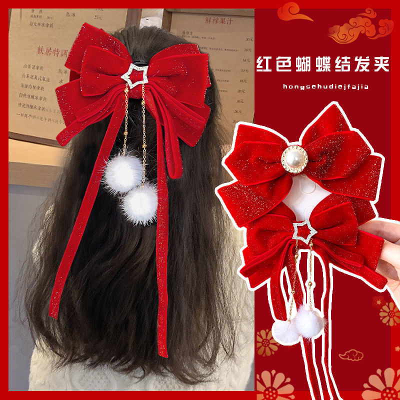 Gold silk red velvet bow Ribbon Children's hairpin South Korea girl princess hair accessories Baby New Year hairpin top clip