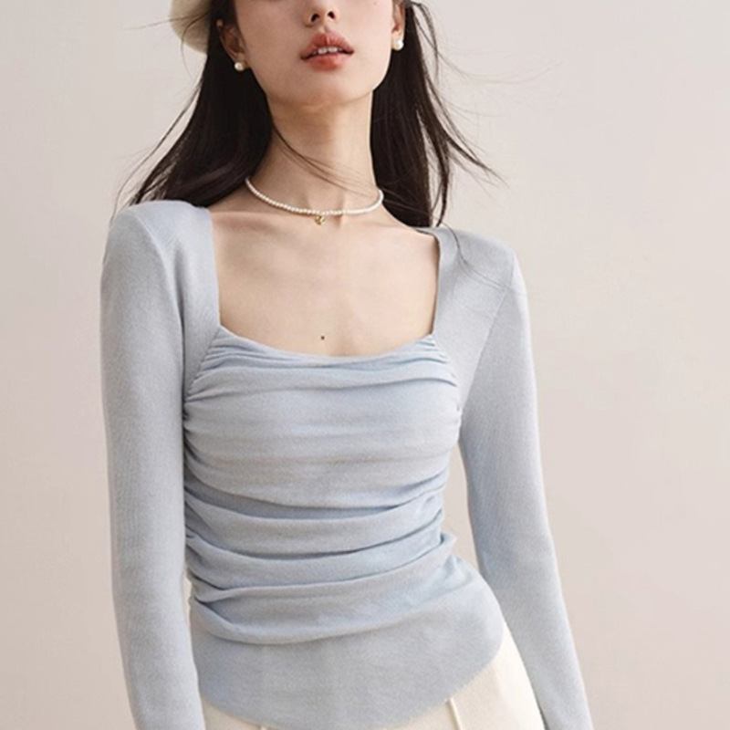 Blue Knitted Base Shirt Women's Autumn and Winter New Thin Slim-Fit Short Interior Design Sense Chic Square Collar Top Trendy