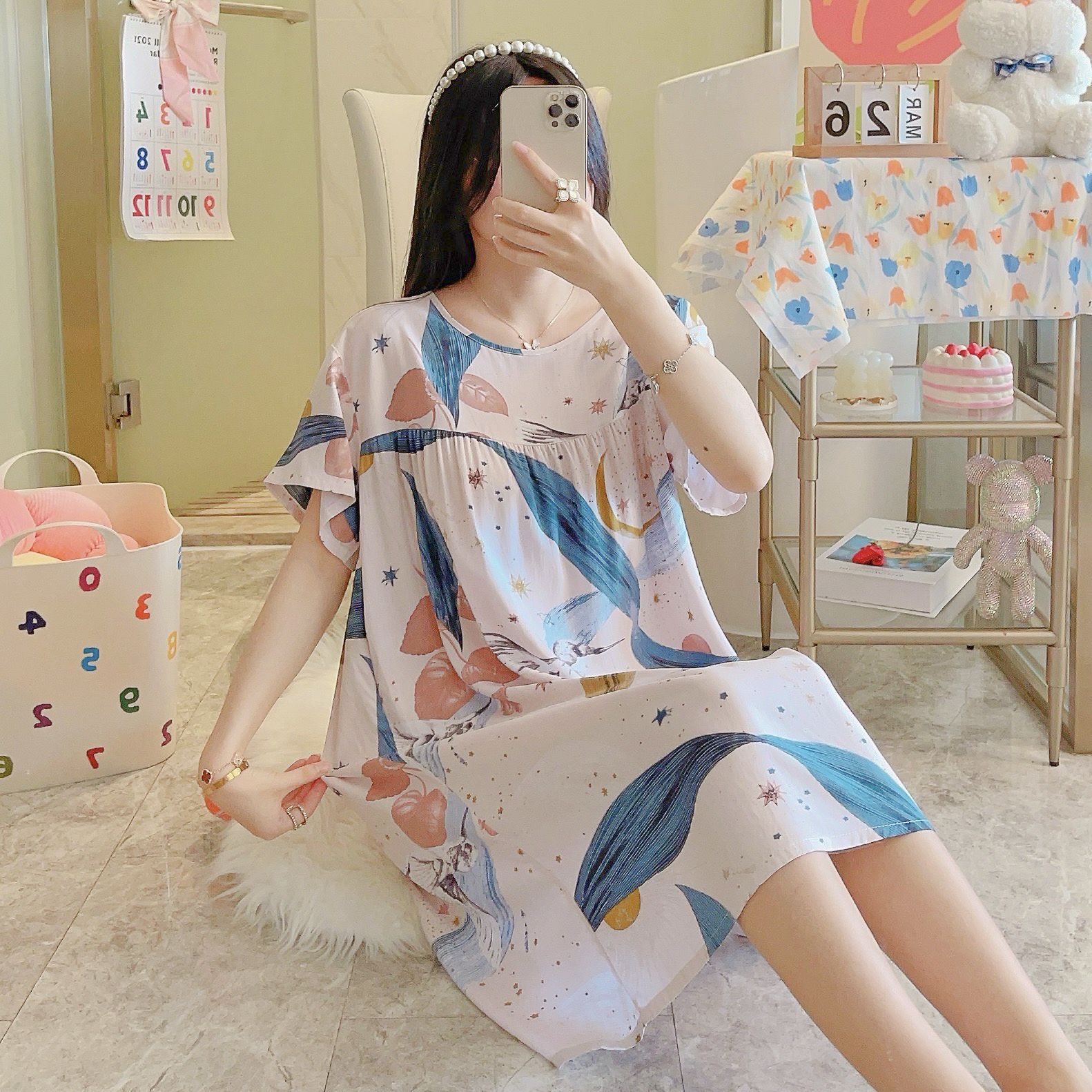 Picture of Cotton Silk Nightgown Women's Spring and Autumn Summer Thin Pajamas Korean Sweet Girls Online Celebrant Live Explosions Home Outwear Skirt