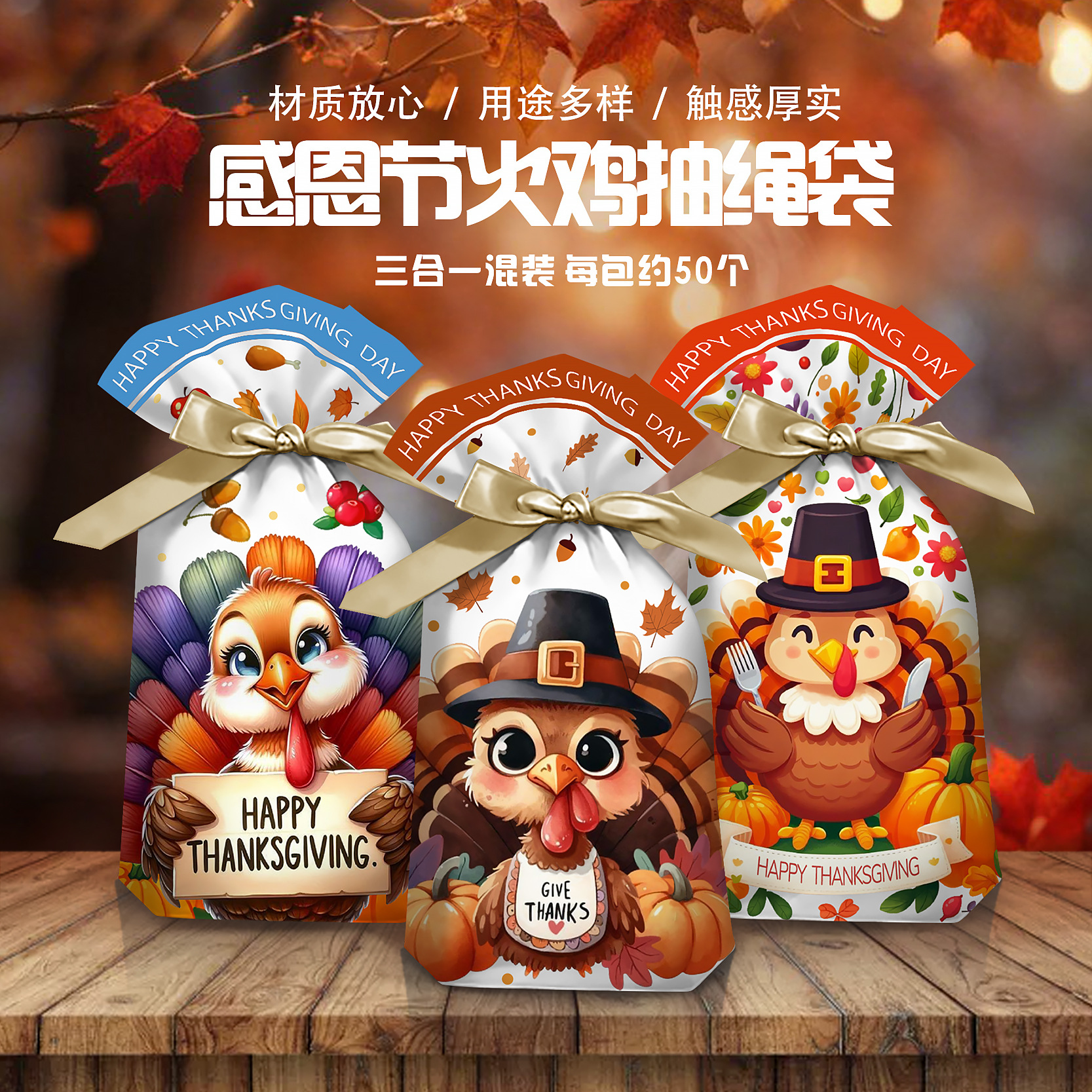 2025 Cross-Border New Drawstring Bag Thanksgiving Cookie Gift Candy Bag Baking Rabbit Packaging Bag Factory Wholesale