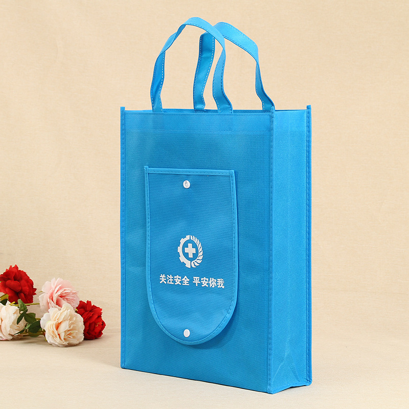 Blue button foldable non-woven bag custom monochrome silk screen safety promotional tote bag custom logo
