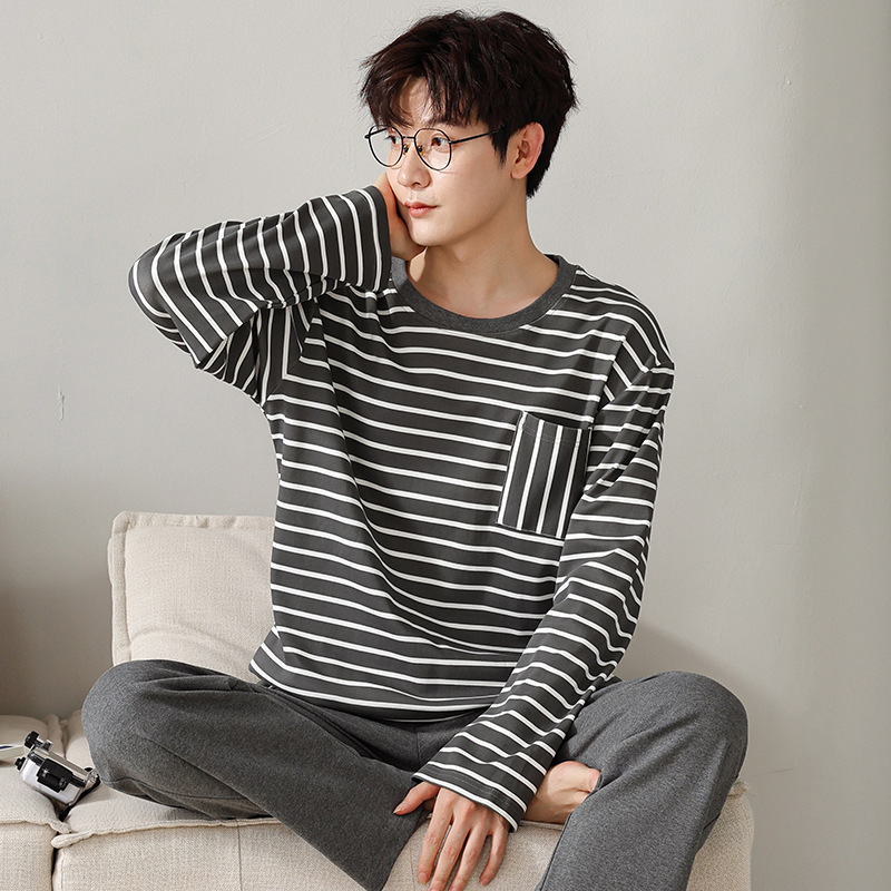 Striped Pajamas men's long-sleeved round neck spring and autumn knitted cotton plus size can be worn outside students Korean style homewear suit