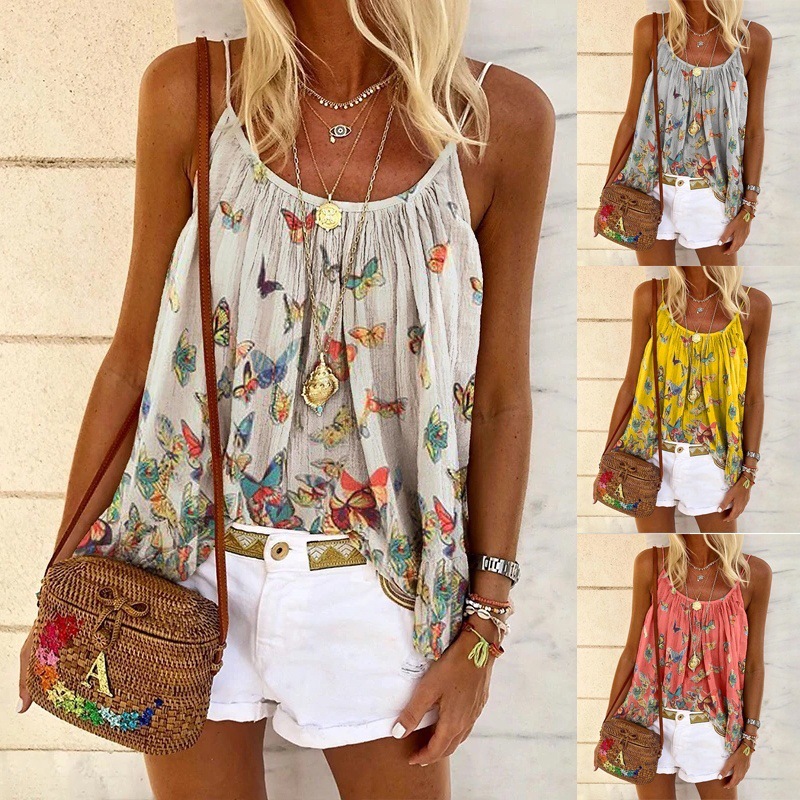 2020 Amazon Wish Hot Style European and American New Women's Fashion Butterfly Print Suspender Top Vest