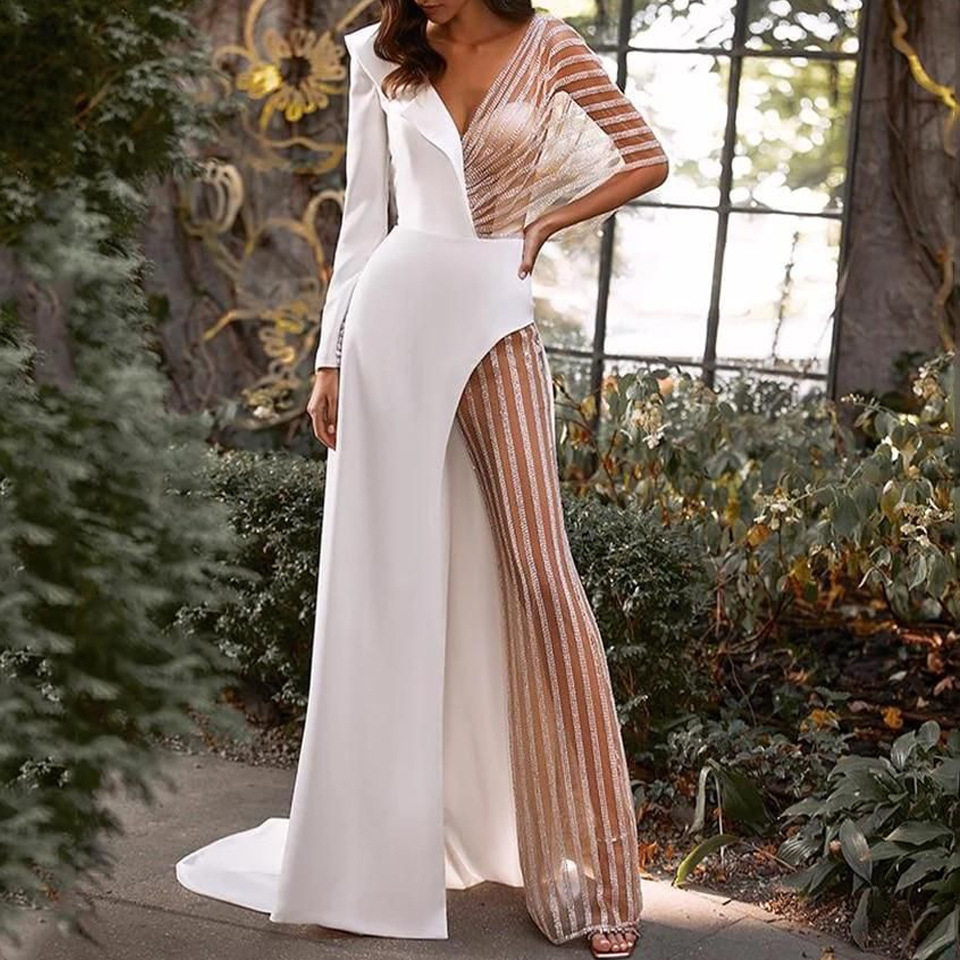 Picture of 2025 New Cross-Border Amazon Women's Clothing Spliced V Neck Lace Asymmetrical Dress Skirt Pure Color Spring Dress