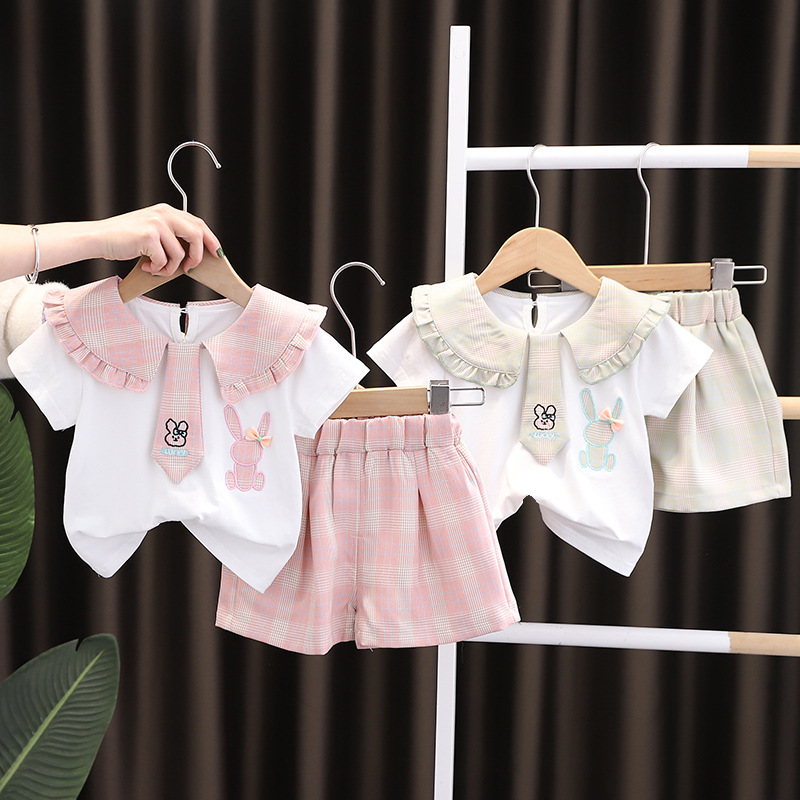 Korean Style Girls' Summer suit Cute Female Baby 0-5 Years Old Summer Ledge Collar Cartoon Tie Short Sleeve Short Pants Cover