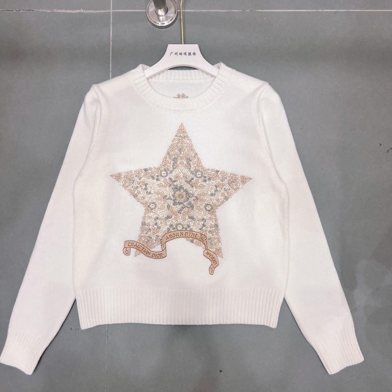 Autumn New Heavy Industry Five-pointed Star Embroidered Long-sleeved Knitted Sweater Women's Design High-end Crewneck Sweater Top