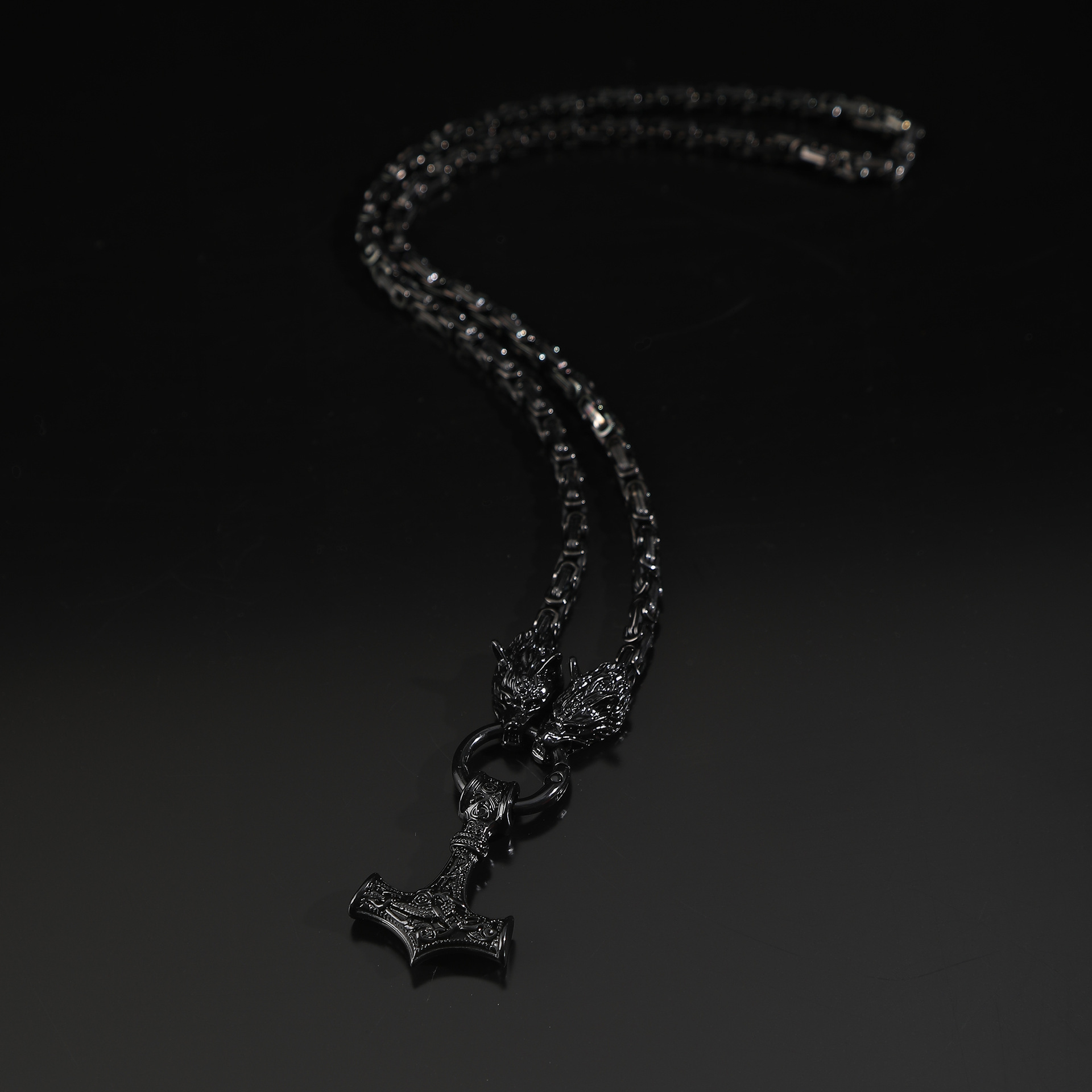 Picture of Foreign Trade Explosions Retro Nordic Viking Rune Hammer Pendant Wolf Head Necklace Bracelet Jewelry suit Stainless Steel Chain