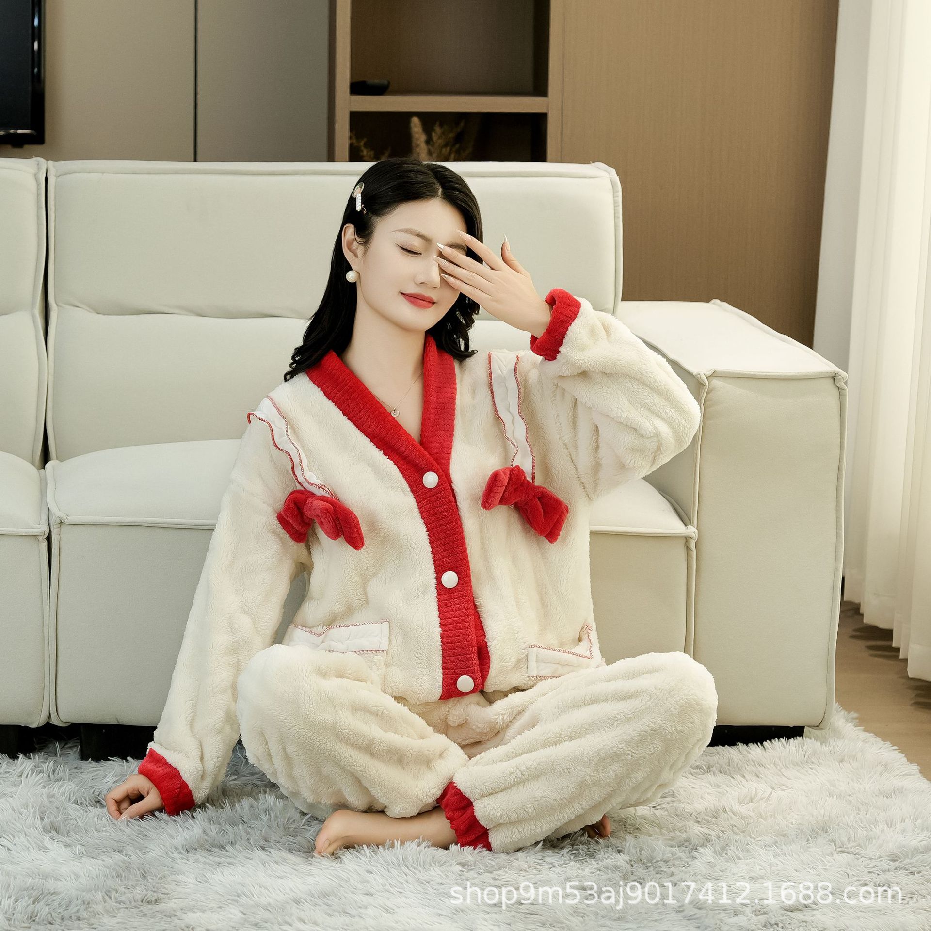 Coral fleece pajamas women's autumn and winter thickened pocket bear cute warm flannel student online red style homewear set