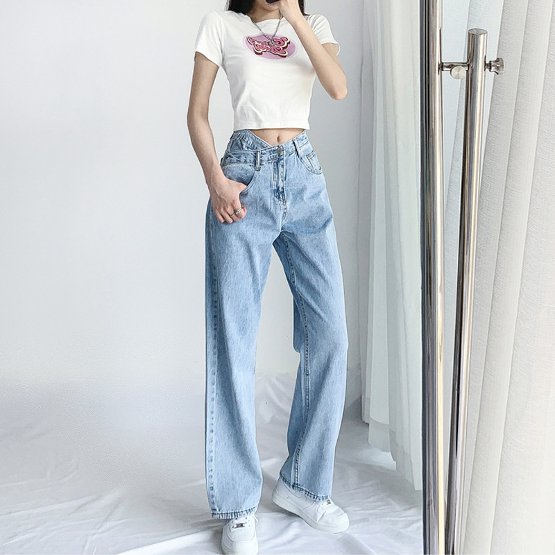 Picture of Straight Leg Jeans Women's New Summer Chic High Waist Design Cross Waist Loose Wide Leg Dipped Trousers
