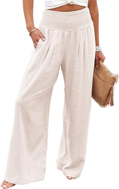 Picture of 2025 Amazon Women's Linen Pants High Waist Trousers Wide Leg Flowing Pants Beach Vacation Wear Casual Wear