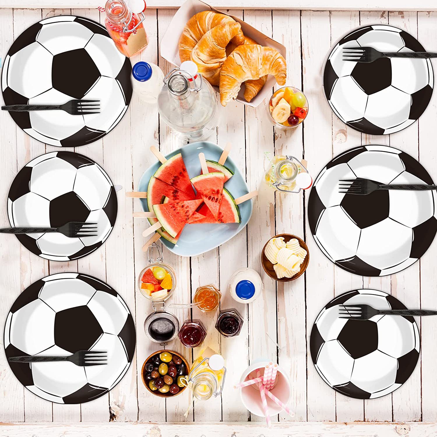 Picture of World Cup Football Party Tableware Set Black and White Football Party Supplies Flag-pulling Tablecloth Paper Plate Tableware Set
